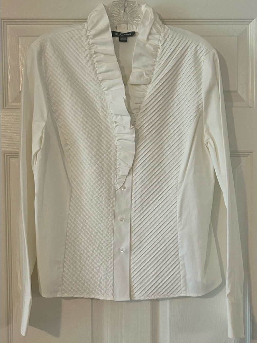 Go Silk White Cotton Spandex Blend Ruffle Collar Blouse Large NWT